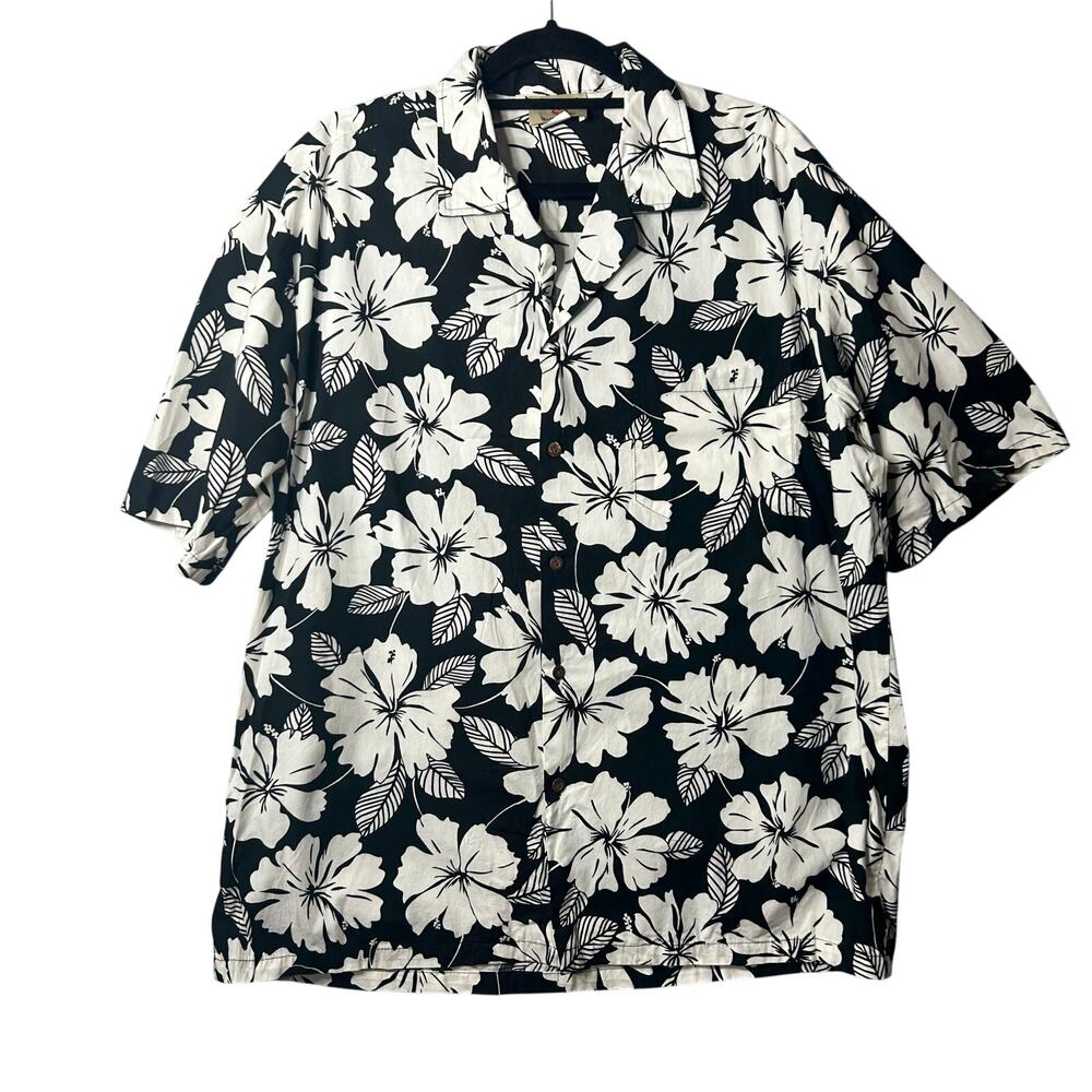 Hawaii Station Shirt Men XL Black White Floral Short Sleeve Button Down Vacation